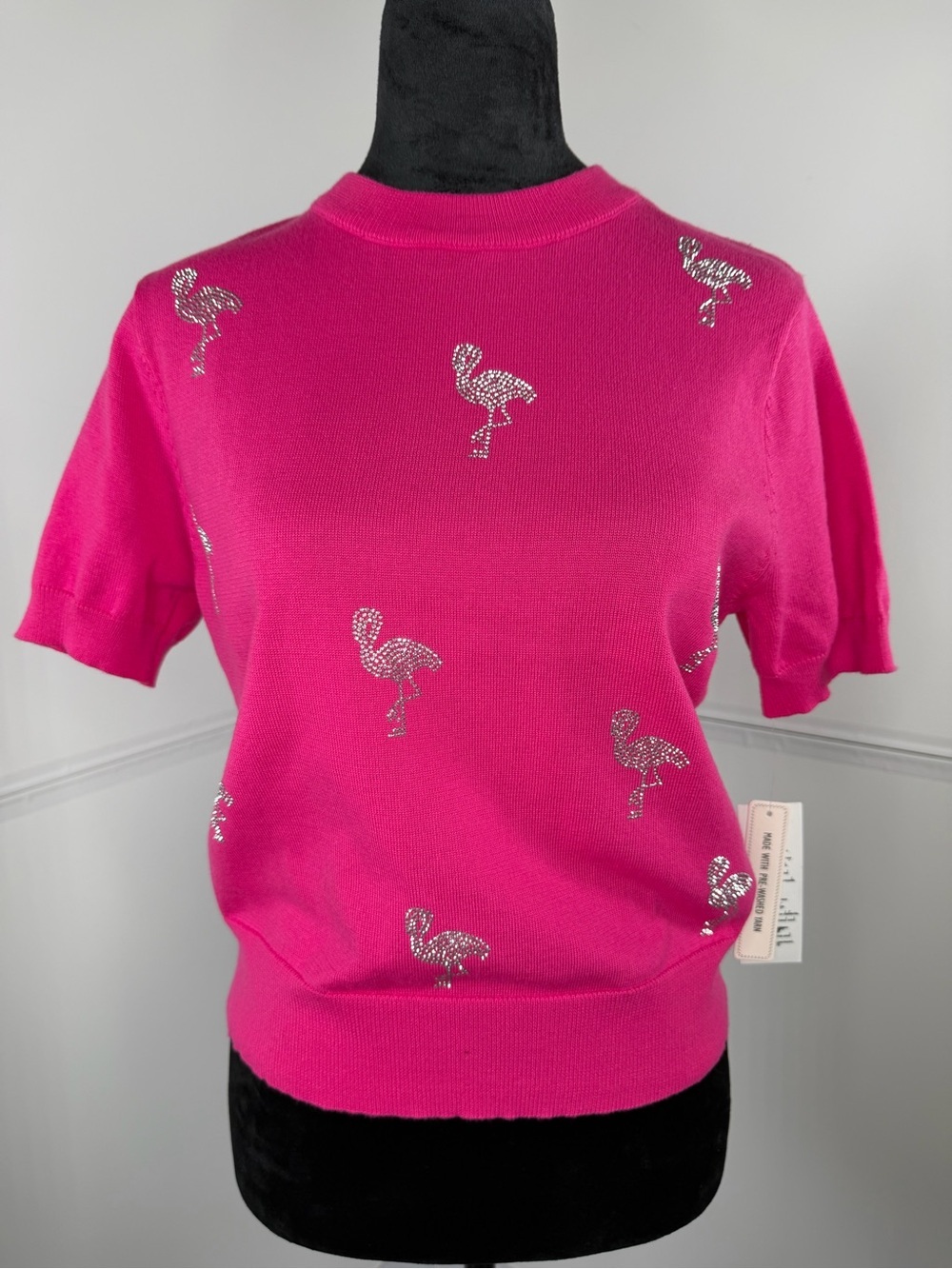 NWT Nanette Lepore Hot Pink Flamingo Sweater Top Size Small Rhinestone
